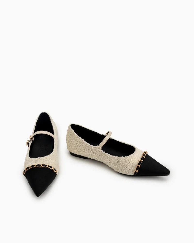 Tweed Pointed Toe Slip on Ballet Mary Jane Flats