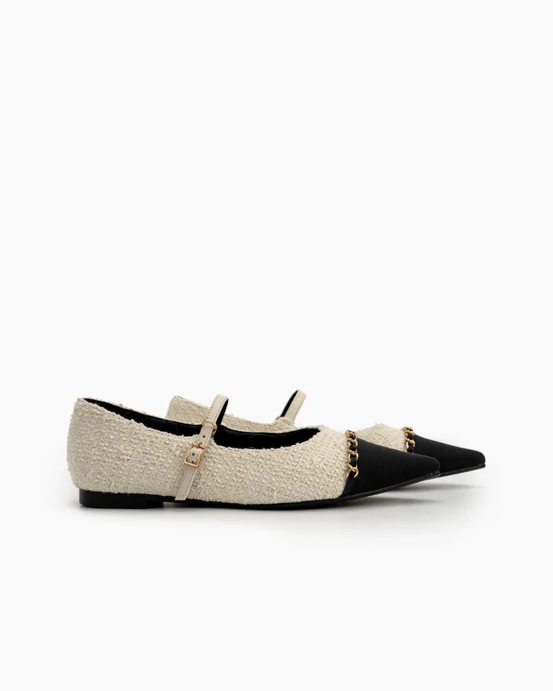 Tweed Pointed Toe Slip on Ballet Mary Jane Flats