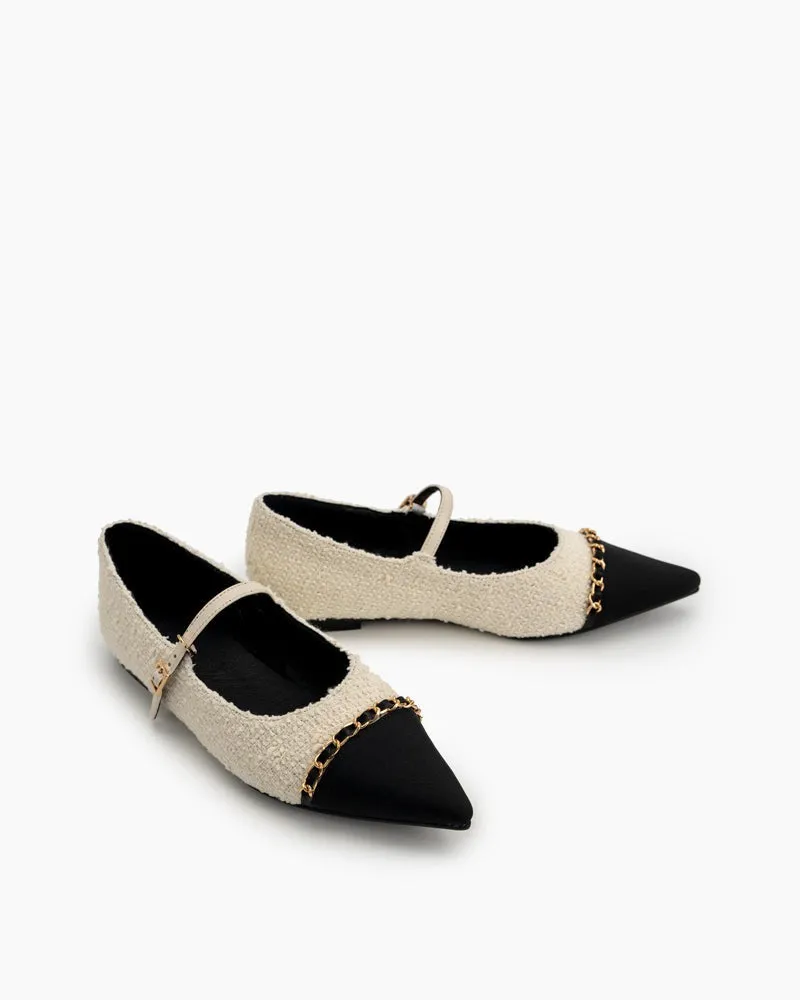 Tweed Pointed Toe Slip on Ballet Mary Jane Flats