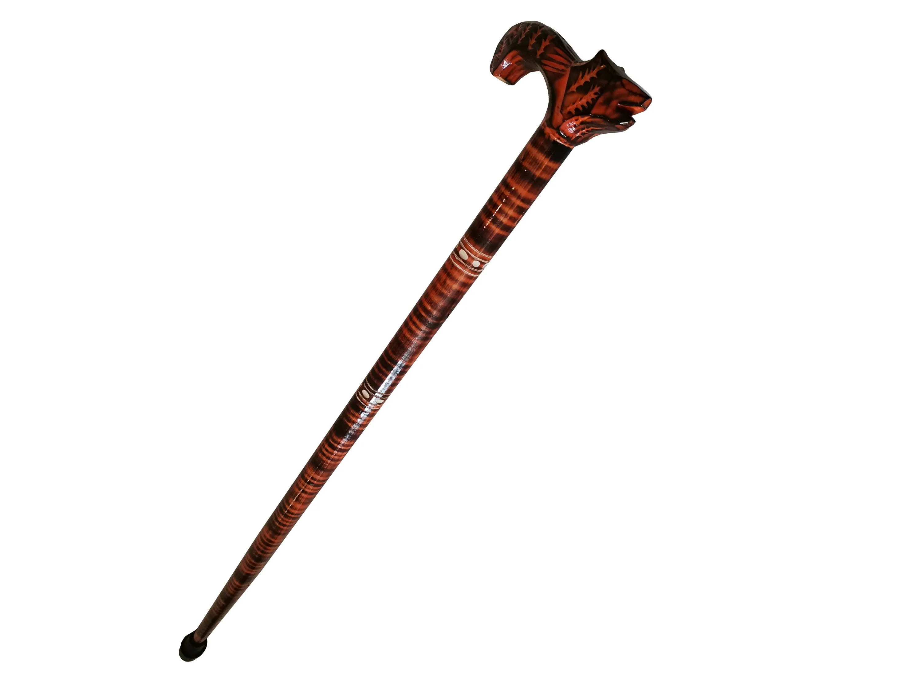 Unique walking stick, Handmade wooden cane, Orange lightweight walking stick, Handcrafted cane from wood, Carved handle with a wolf head