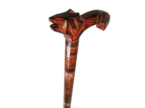 Unique walking stick, Handmade wooden cane, Orange lightweight walking stick, Handcrafted cane from wood, Carved handle with a wolf head