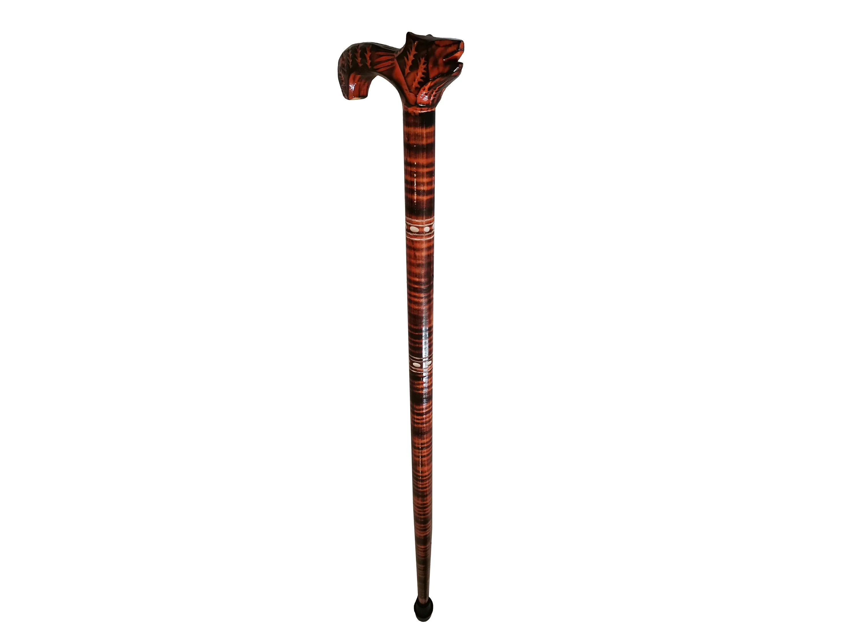 Unique walking stick, Handmade wooden cane, Orange lightweight walking stick, Handcrafted cane from wood, Carved handle with a wolf head