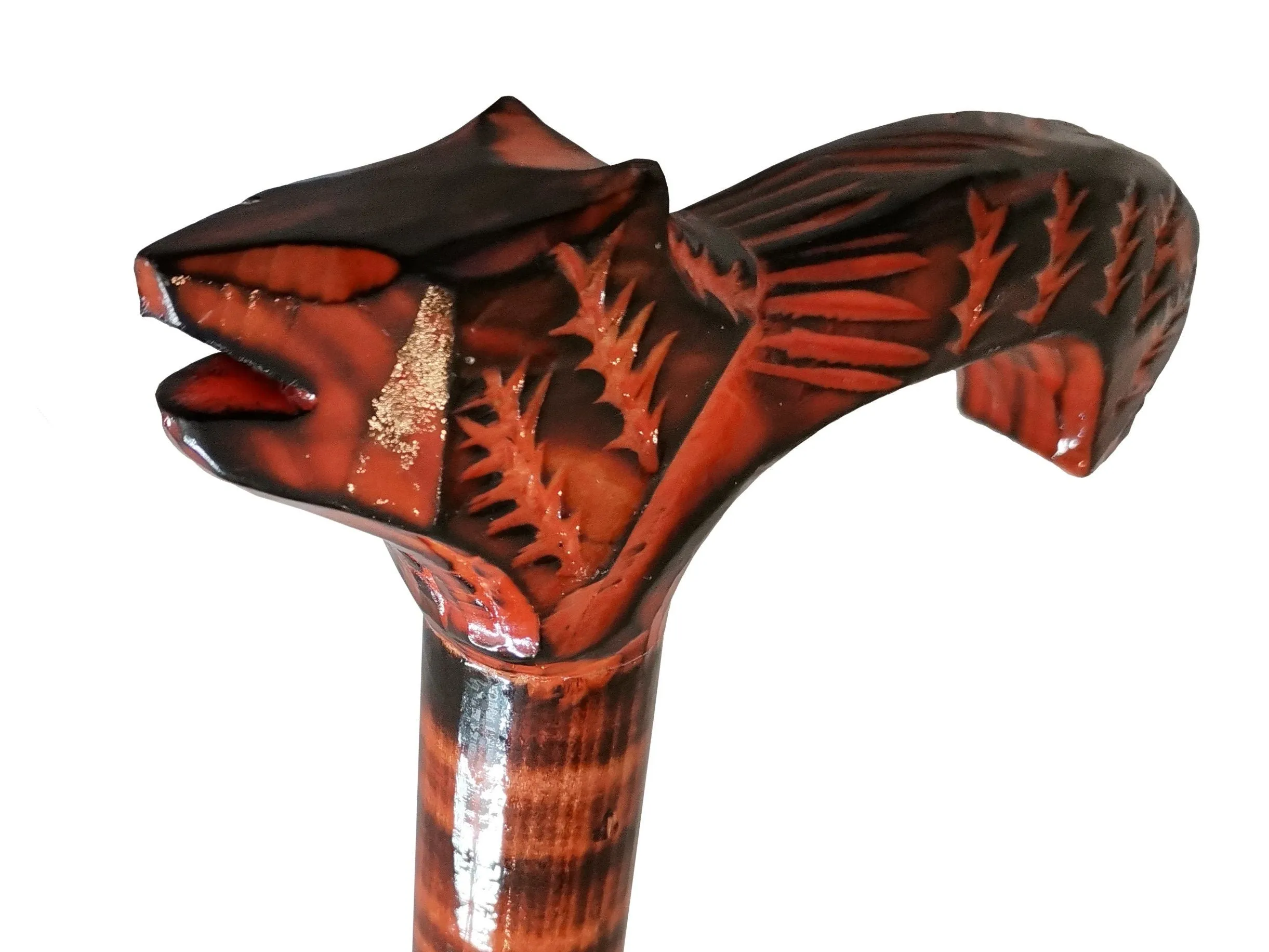Unique walking stick, Handmade wooden cane, Orange lightweight walking stick, Handcrafted cane from wood, Carved handle with a wolf head