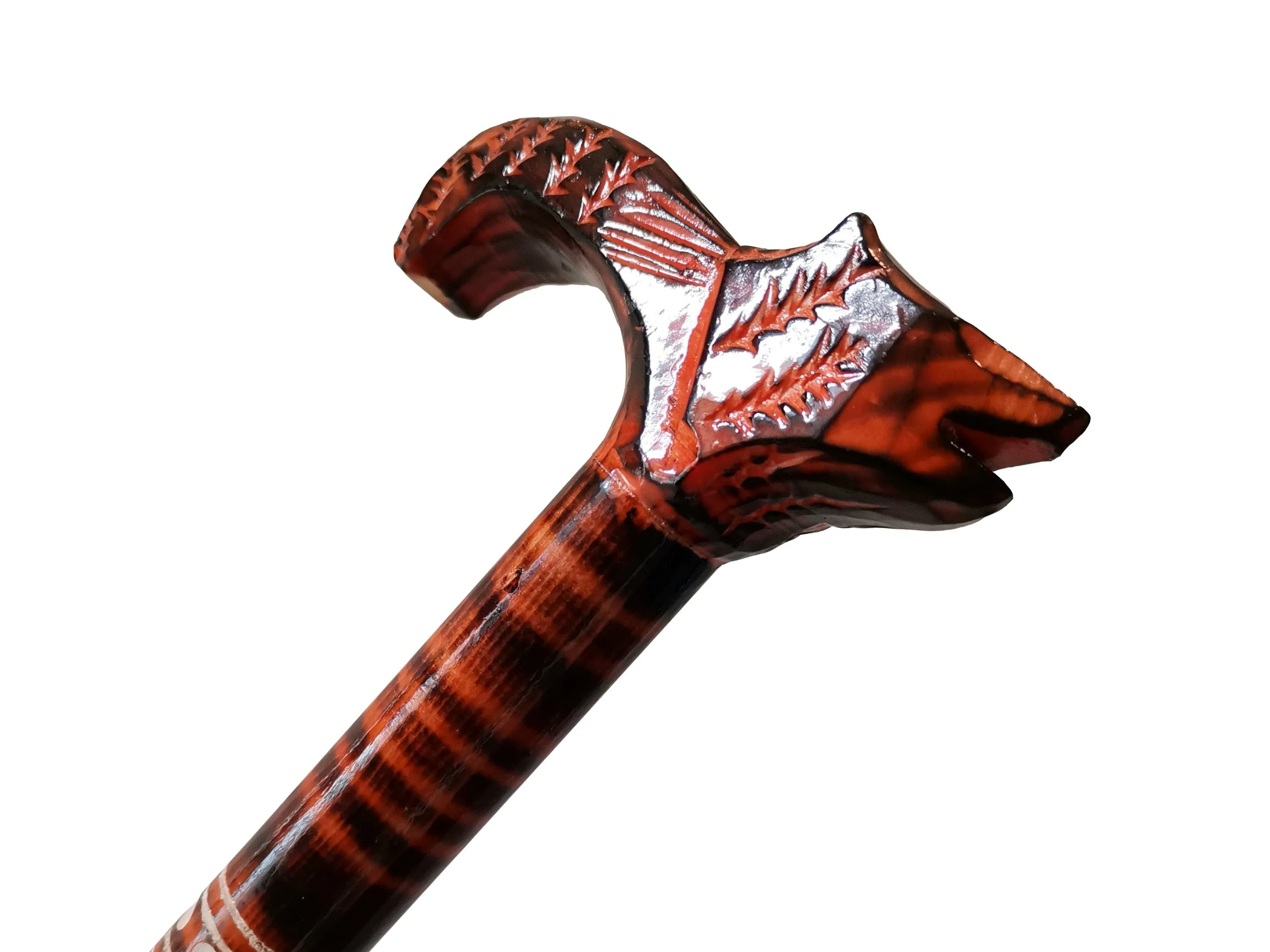 Unique walking stick, Handmade wooden cane, Orange lightweight walking stick, Handcrafted cane from wood, Carved handle with a wolf head