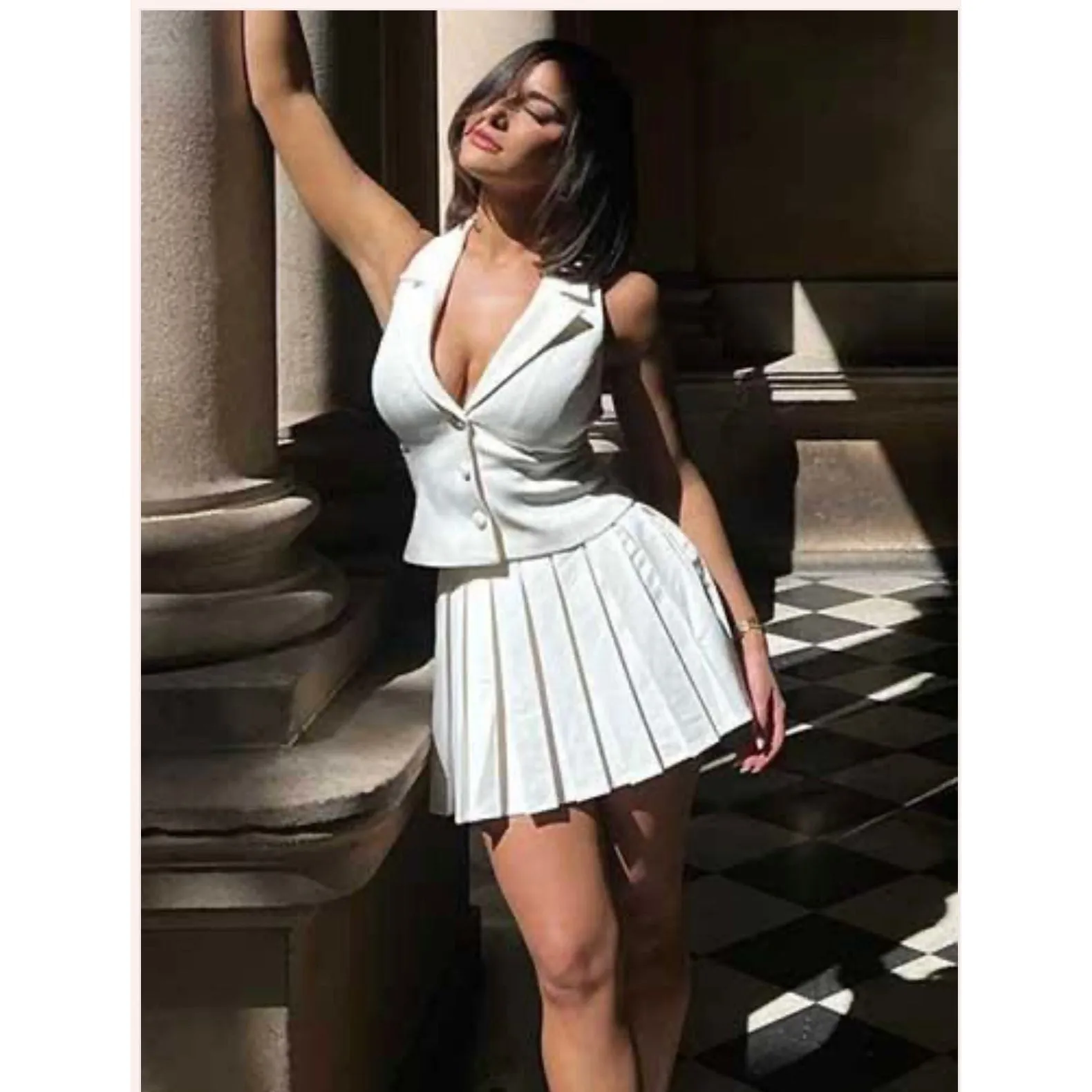V-Neck Blazer Vest Matching Sets and Mini Pleated Skirts.