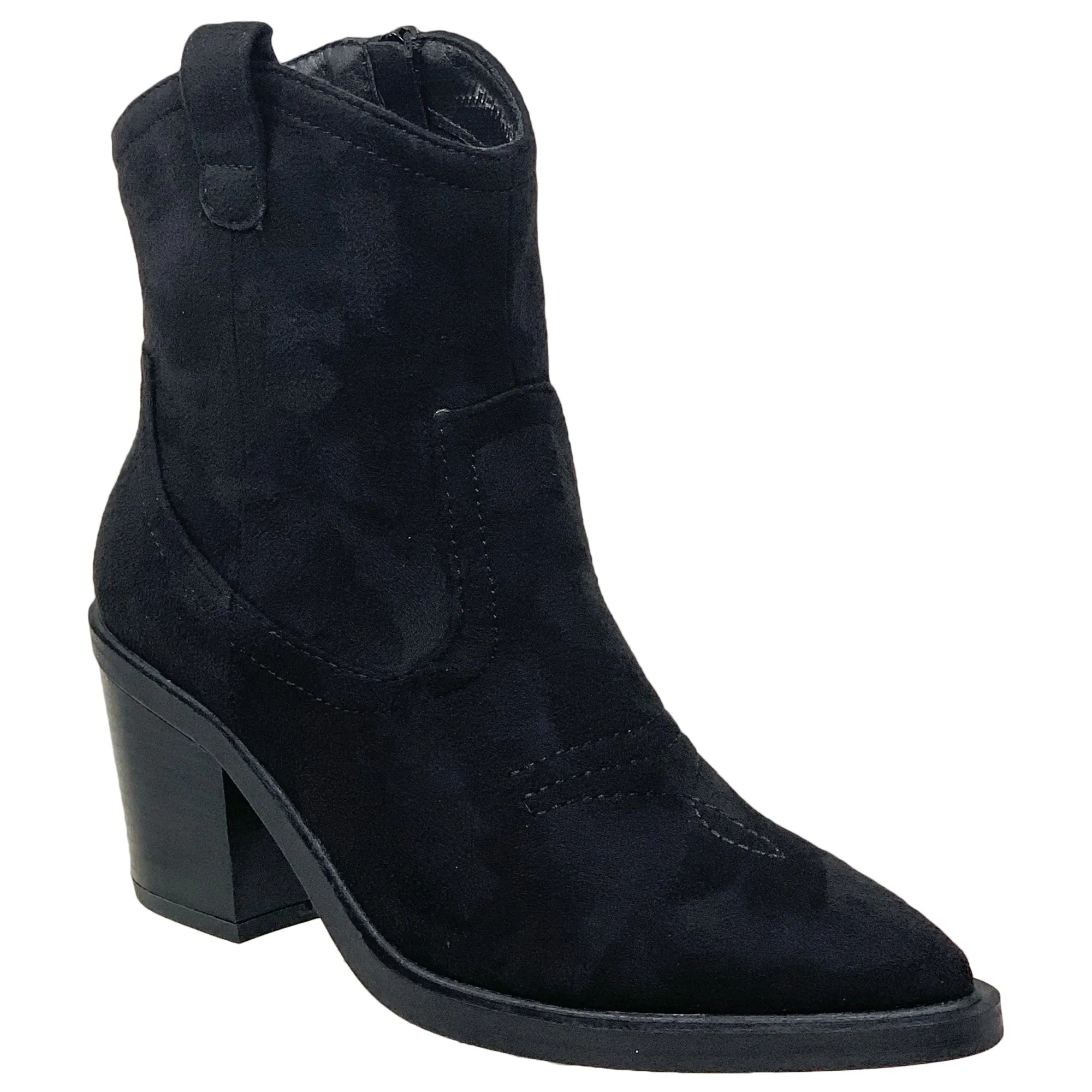 Western Ankle Booties Stitched Cowboy Toe Side Zipper Closure Black