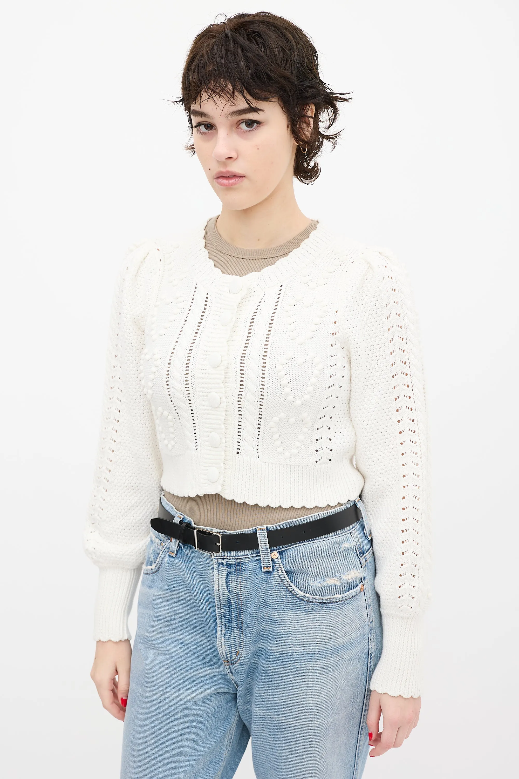 White Knit Cropped Heart Cardigan