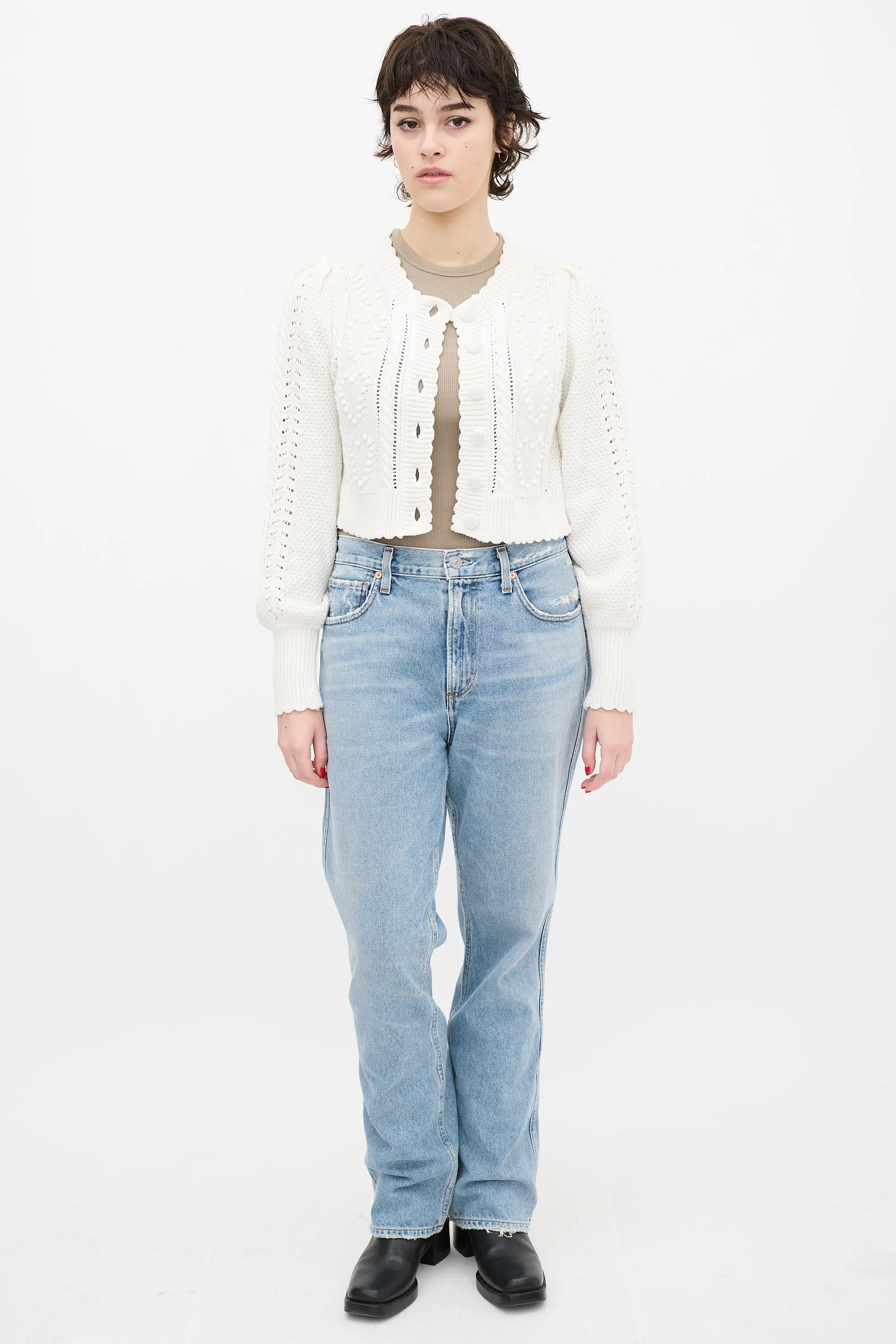 White Knit Cropped Heart Cardigan