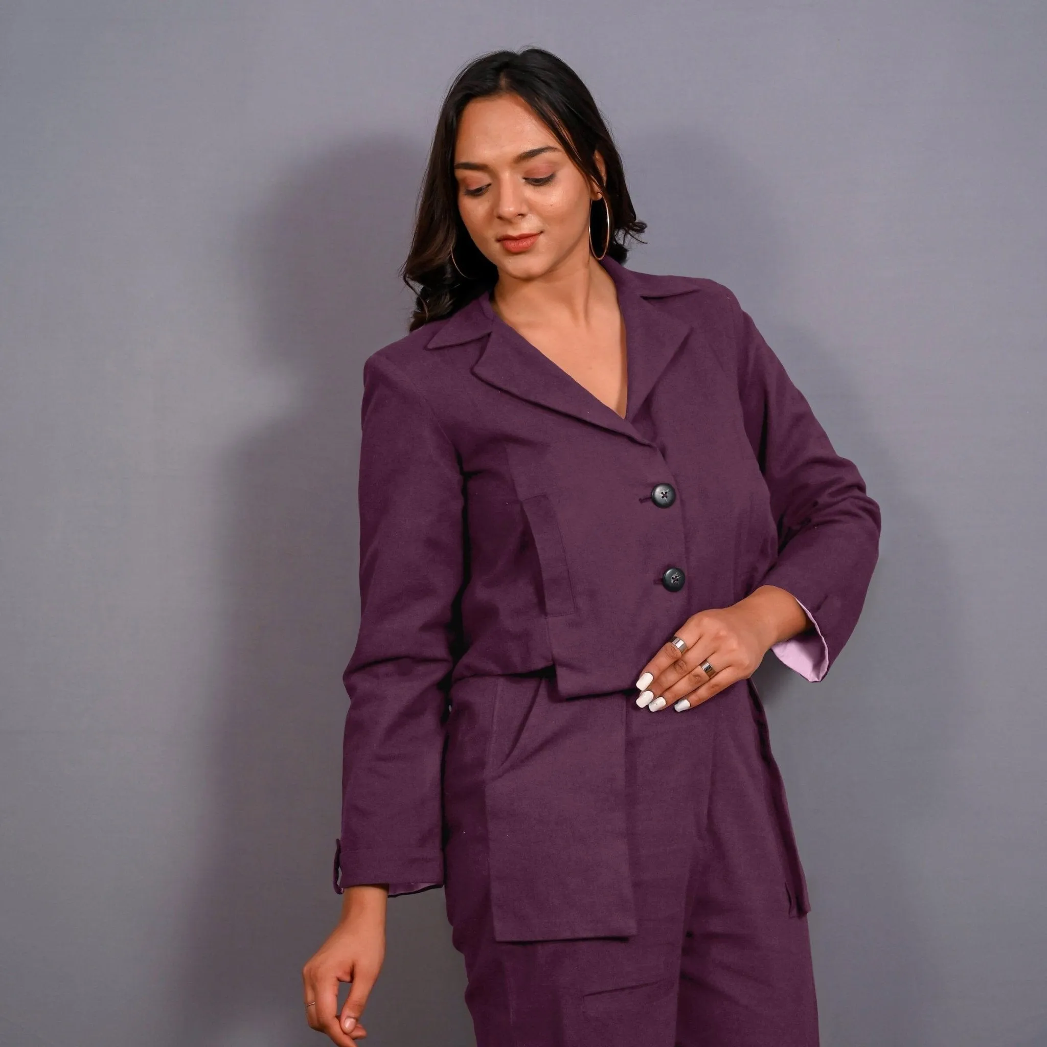Wine Warm Cotton Flannel Single-Breasted Crop Blazer