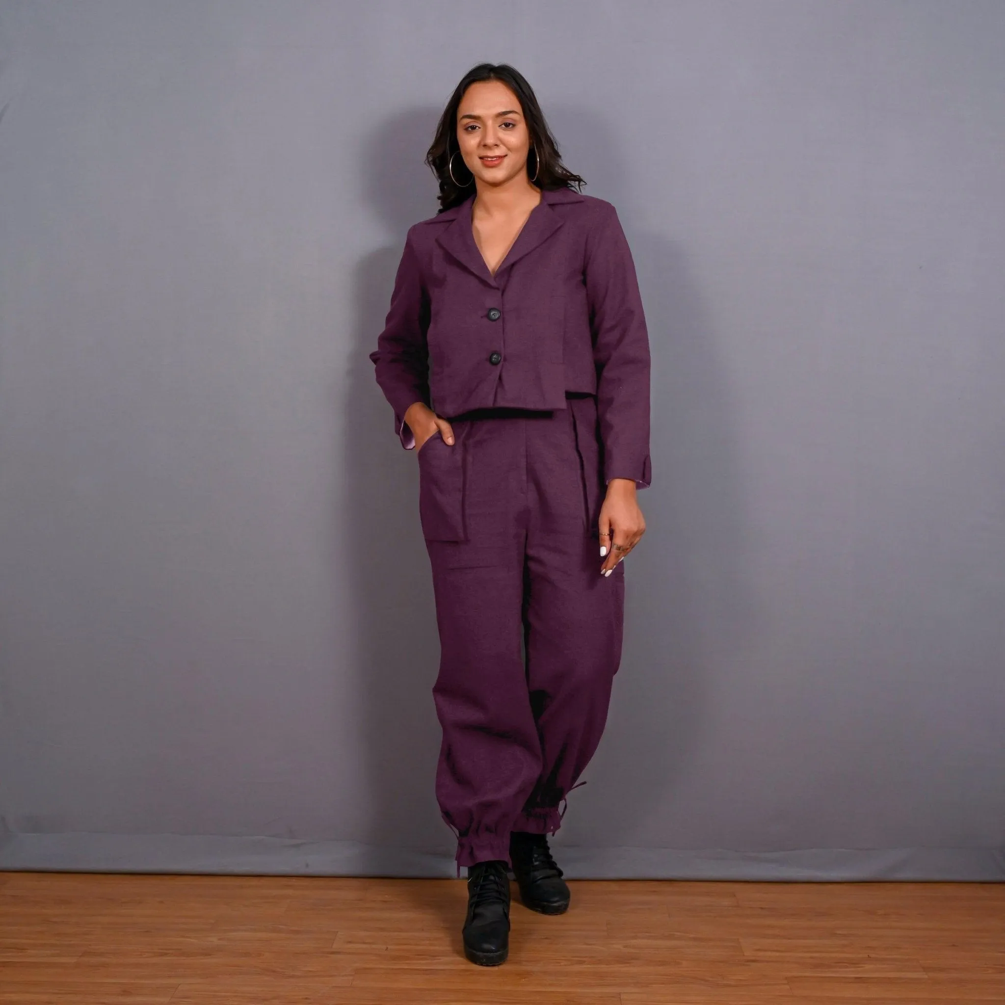 Wine Warm Cotton Flannel Single-Breasted Crop Blazer
