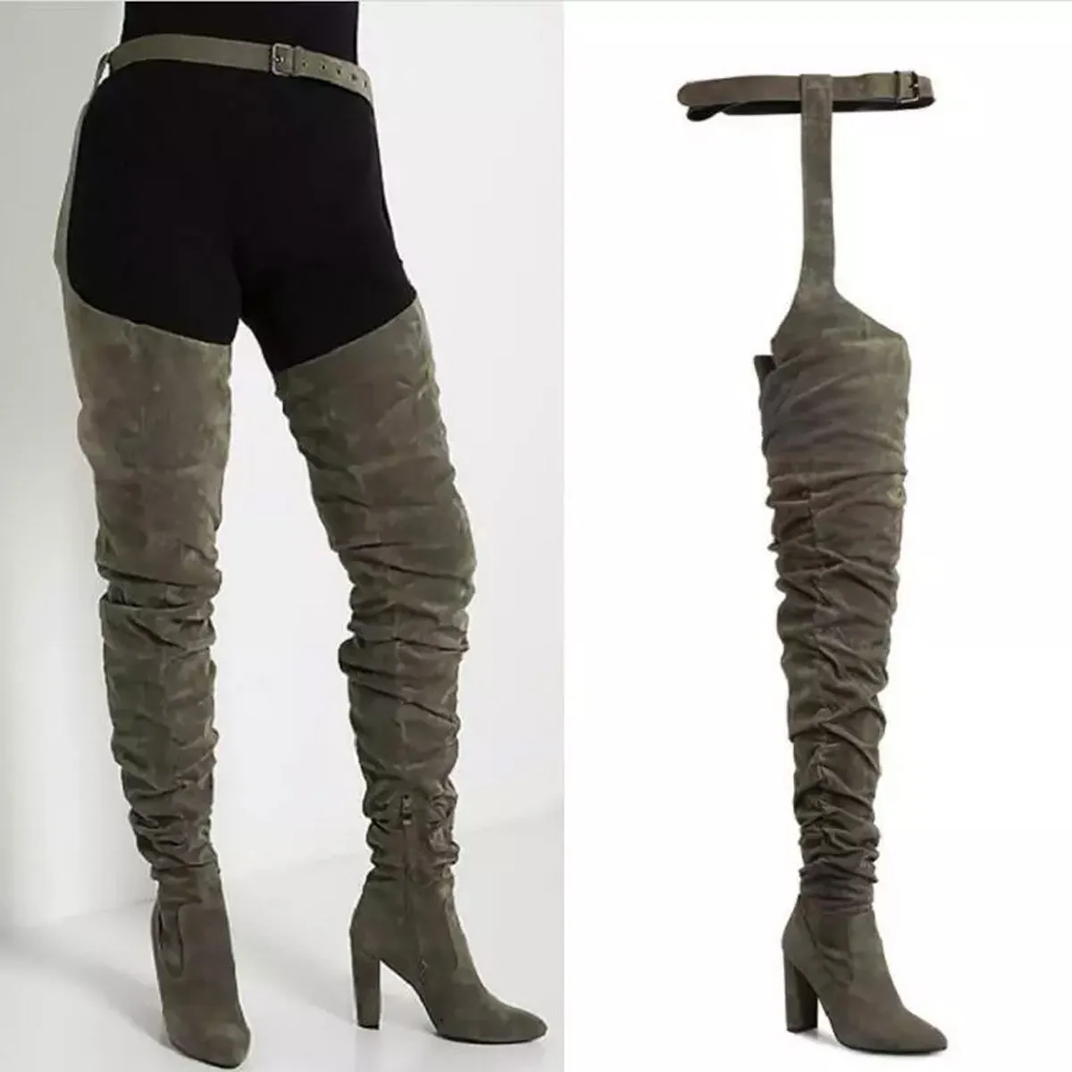Women faux suede thigh high waist belt chunky high heel slouch boots | Over the knee waist belted boots