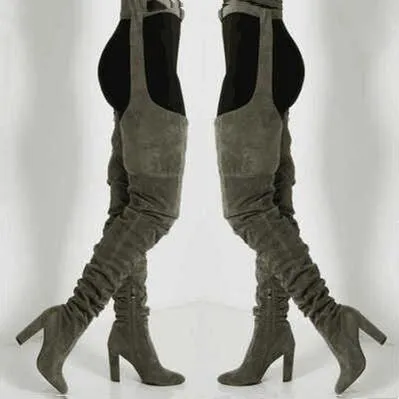 Women faux suede thigh high waist belt chunky high heel slouch boots | Over the knee waist belted boots