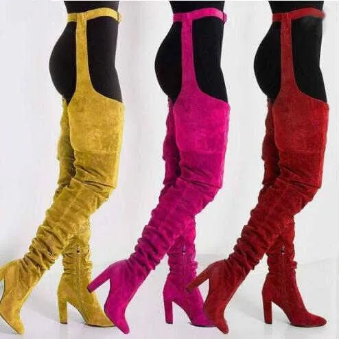 Women faux suede thigh high waist belt chunky high heel slouch boots | Over the knee waist belted boots