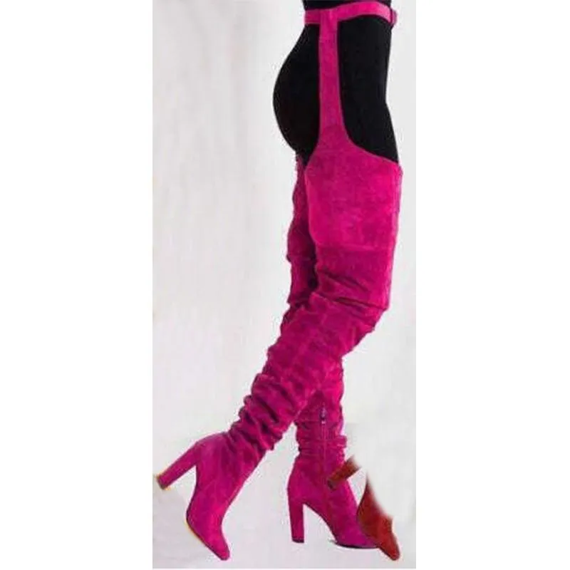 Women faux suede thigh high waist belt chunky high heel slouch boots | Over the knee waist belted boots