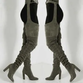 Women faux suede thigh high waist belt chunky high heel slouch boots | Over the knee waist belted boots