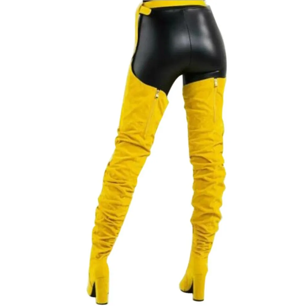 Women faux suede thigh high waist belt chunky high heel slouch boots | Over the knee waist belted boots