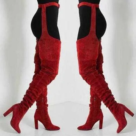 Women faux suede thigh high waist belt chunky high heel slouch boots | Over the knee waist belted boots