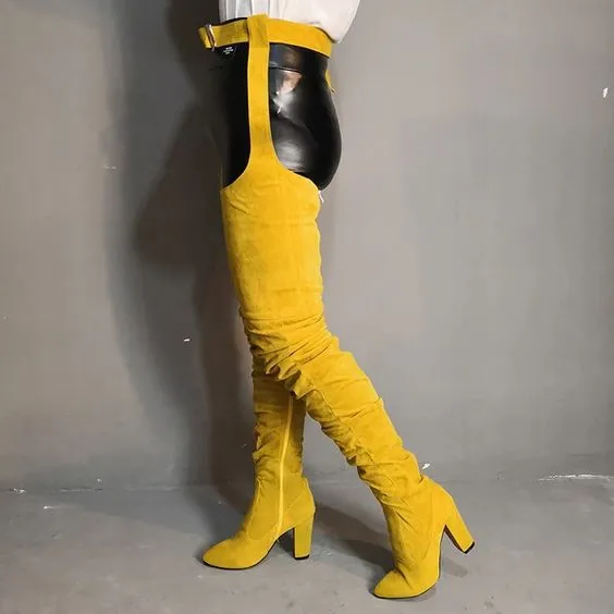 Women faux suede thigh high waist belt chunky high heel slouch boots | Over the knee waist belted boots