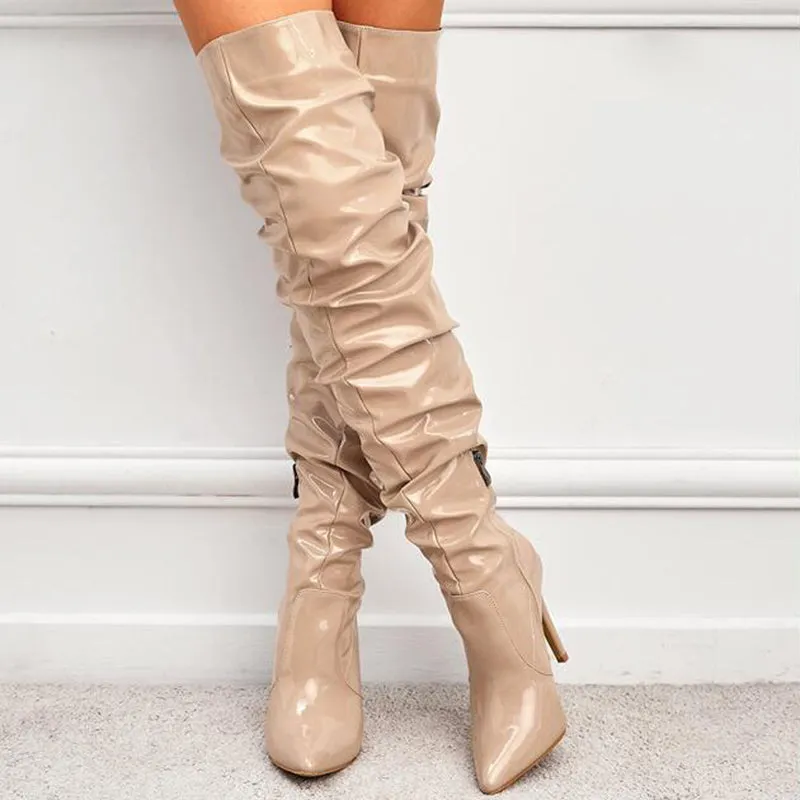 Women over the knee boots patent leather stiletto long slouch boots