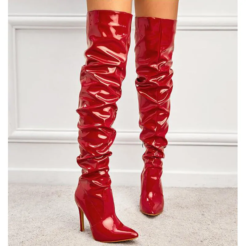 Women over the knee boots patent leather stiletto long slouch boots