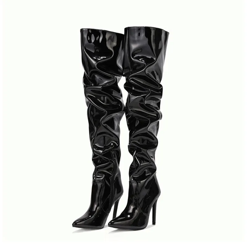 Women over the knee boots patent leather stiletto long slouch boots