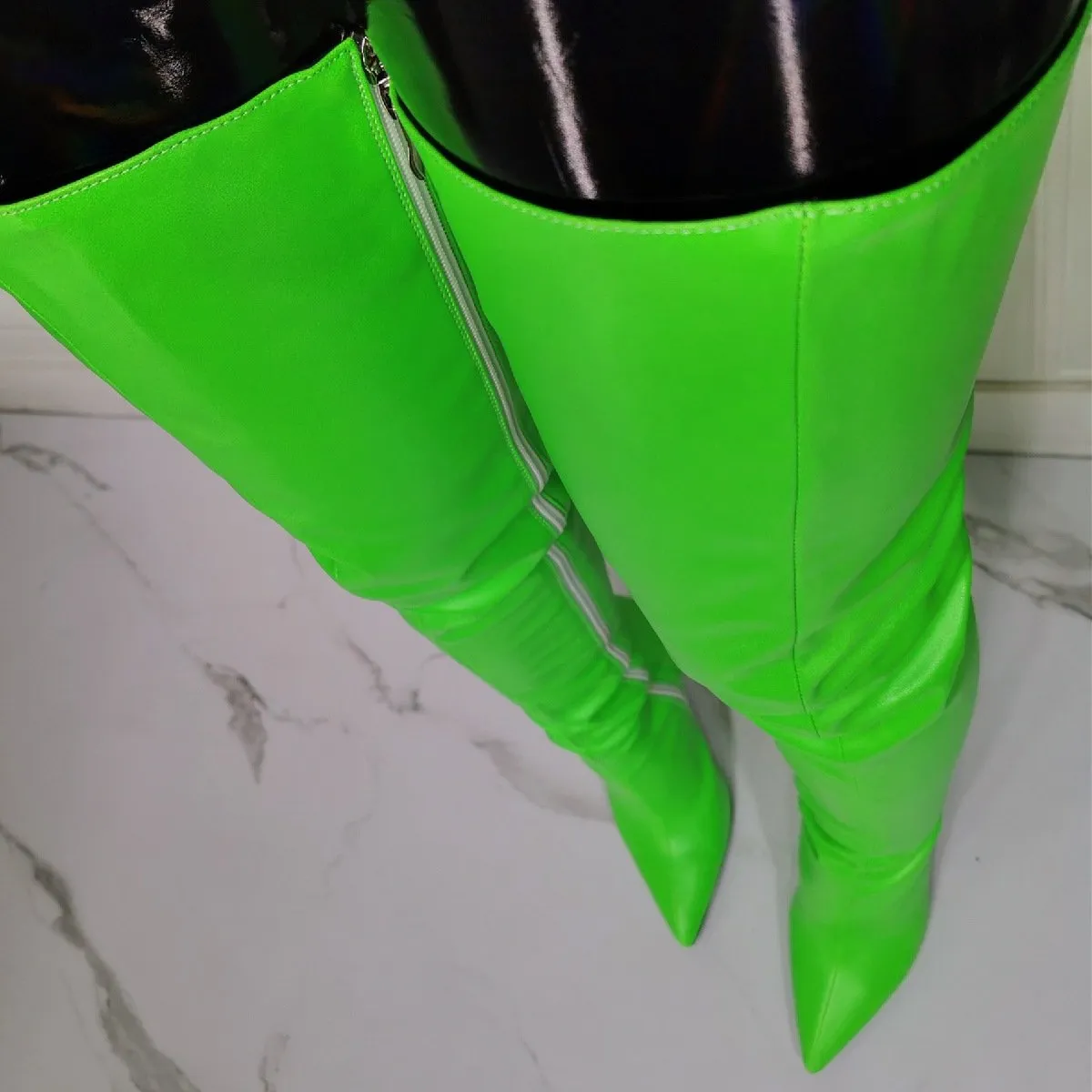 Women over the knee neon green stiletto high heel boots