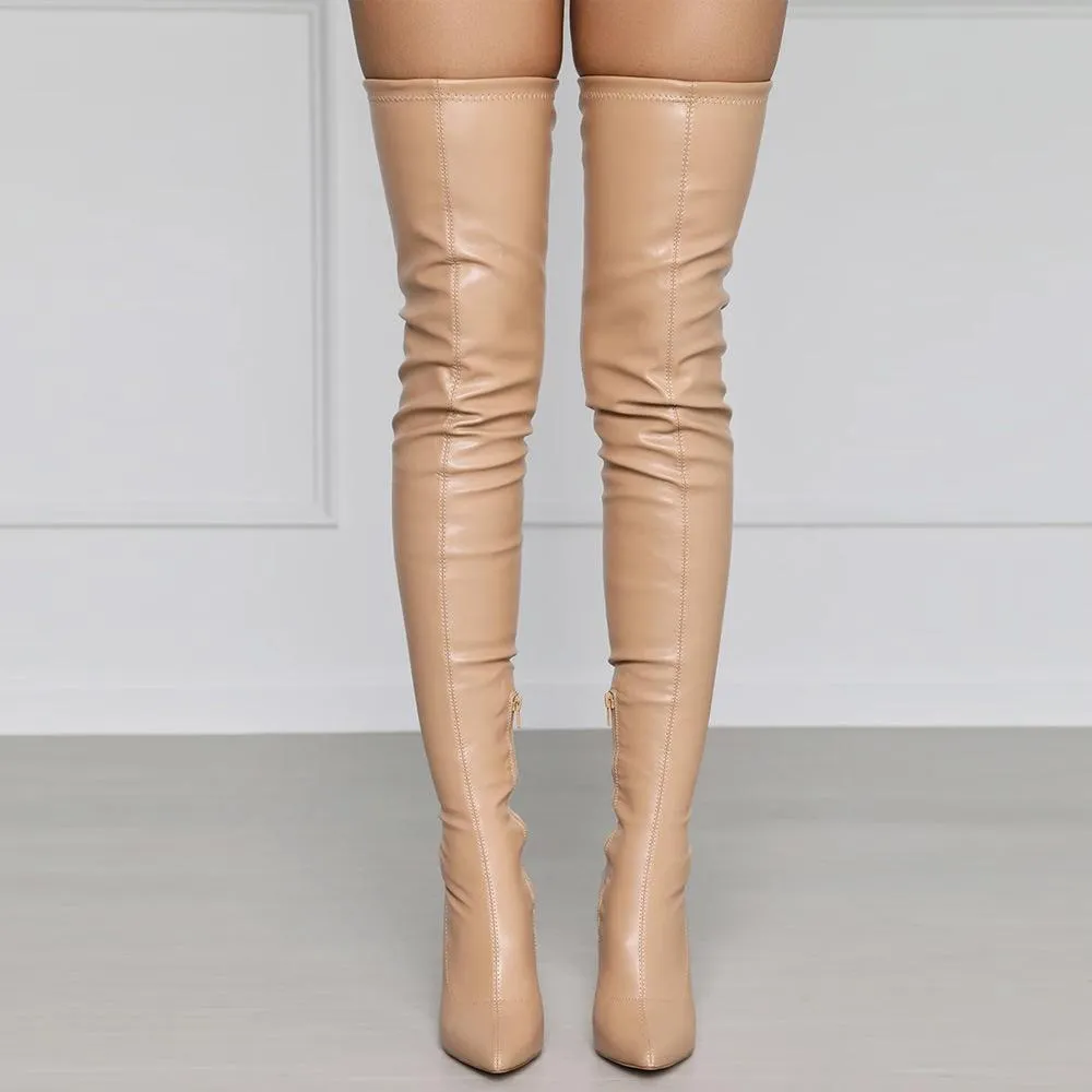 Women slim fit PU leather stiletto high heeled pointed toe thigh high boots