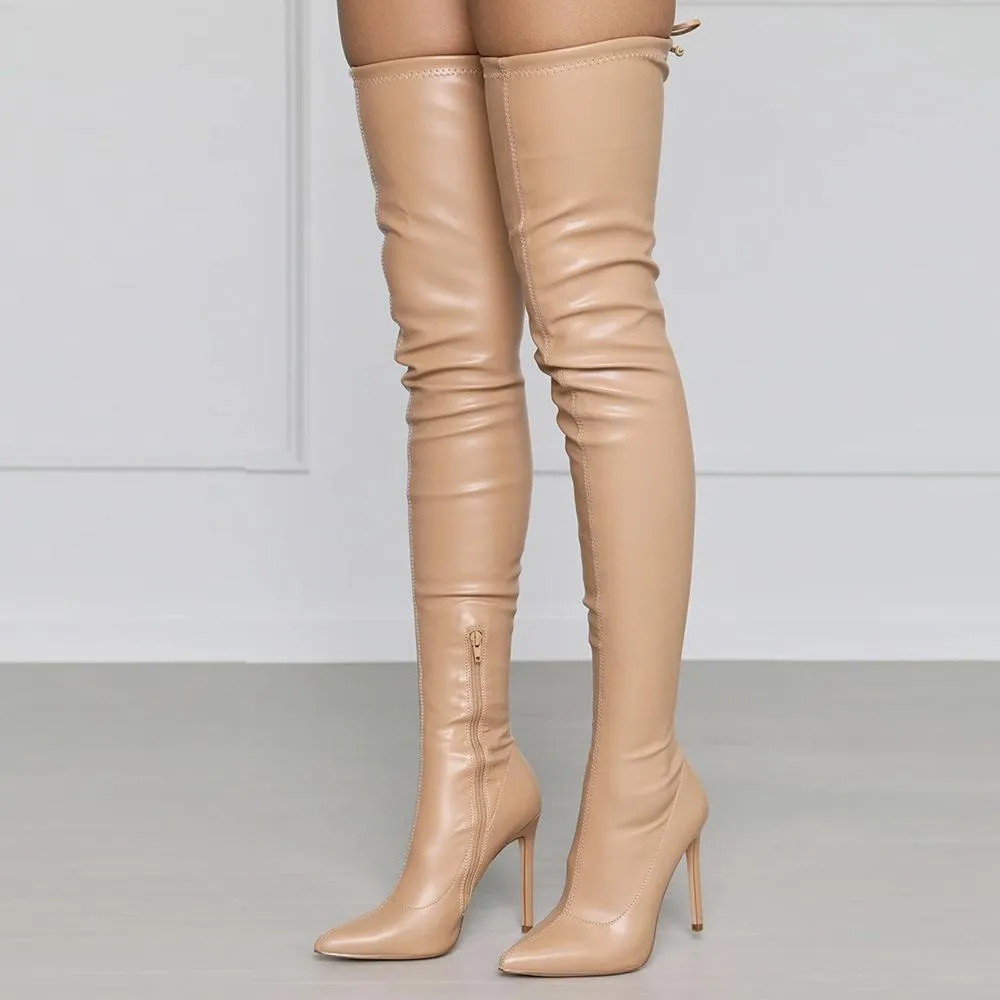 Women slim fit PU leather stiletto high heeled pointed toe thigh high boots