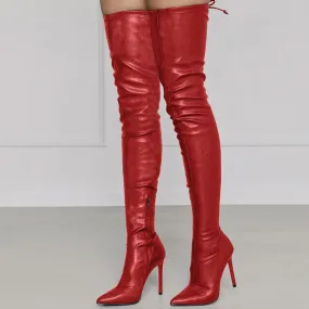 Women slim fit PU leather stiletto high heeled pointed toe thigh high boots
