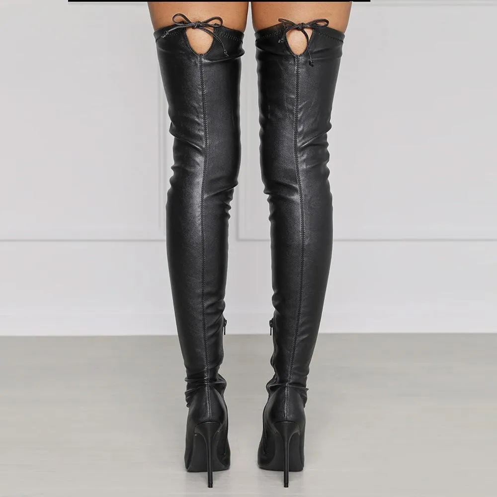 Women slim fit PU leather stiletto high heeled pointed toe thigh high boots
