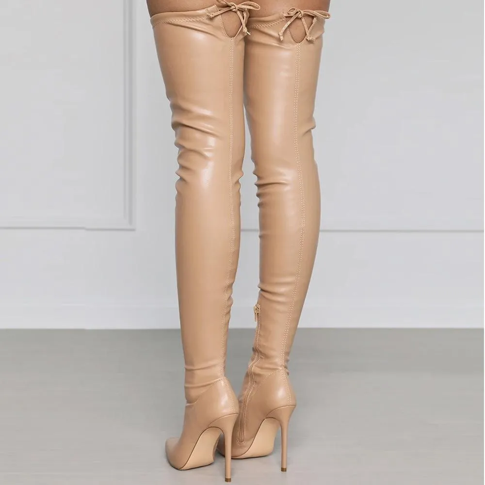 Women slim fit PU leather stiletto high heeled pointed toe thigh high boots
