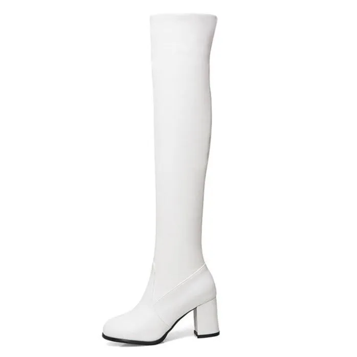 Women's chunky heels stretch thigh high boots thin boots