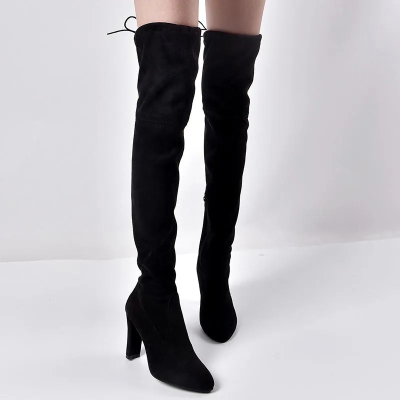 Women's elastic over the knee boots suede high heeled pointed toe tall boots