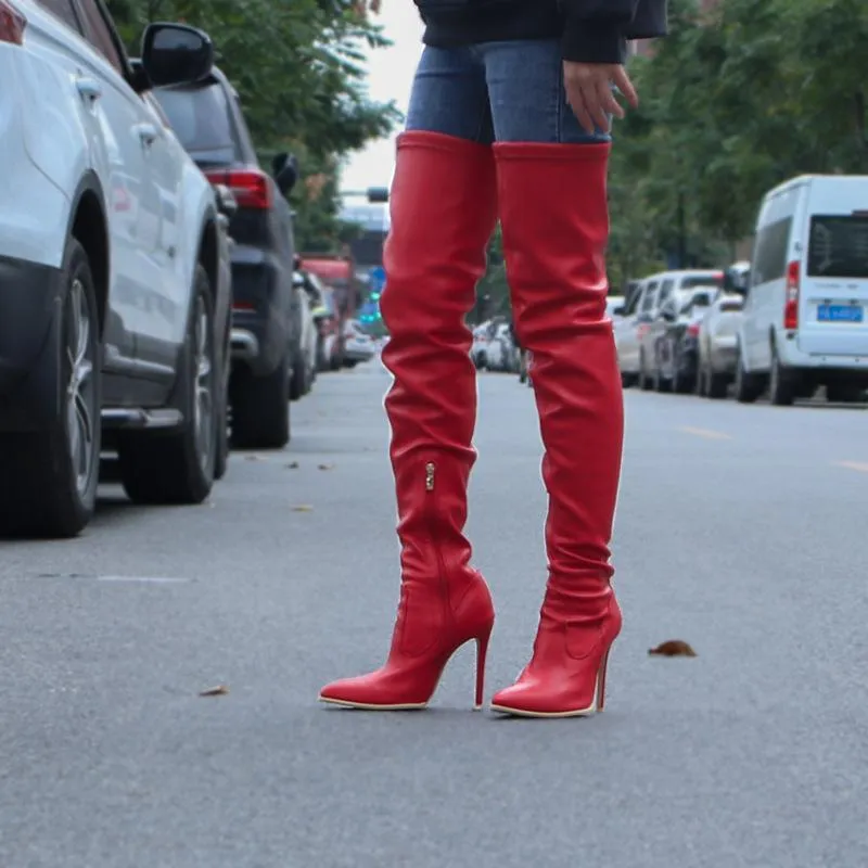 Women's heeled skinny elastic thigh high pointed toe boots sexy tall boots