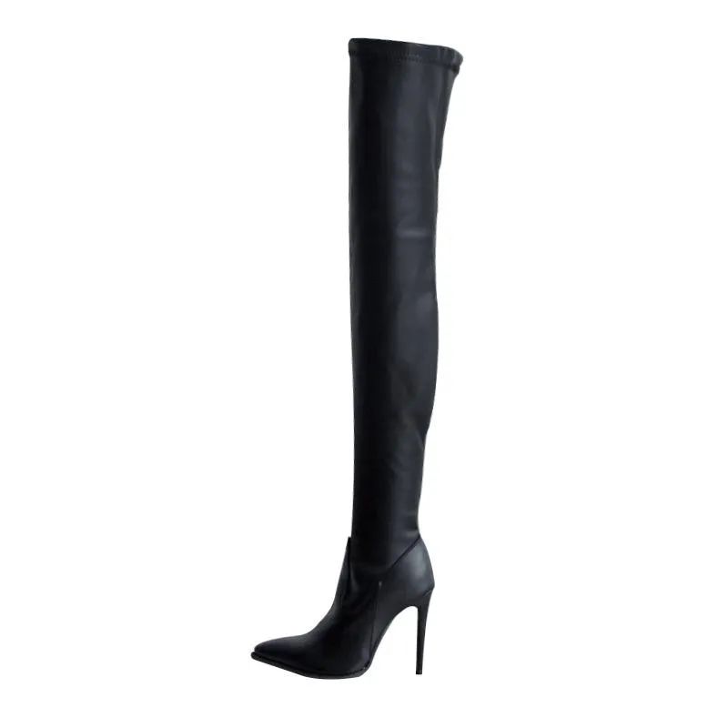 Women's heeled skinny elastic thigh high pointed toe boots sexy tall boots