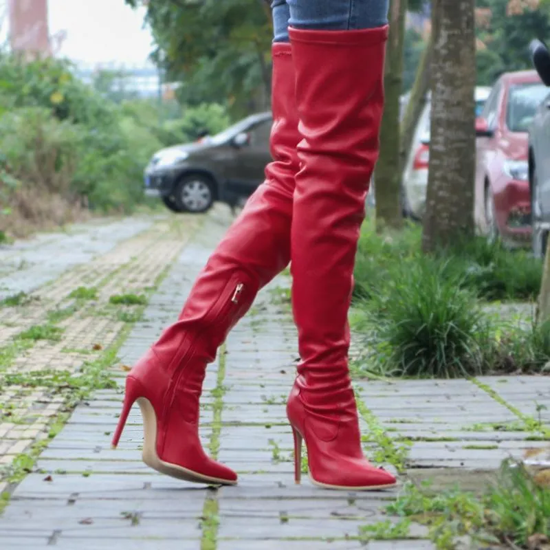 Women's heeled skinny elastic thigh high pointed toe boots sexy tall boots