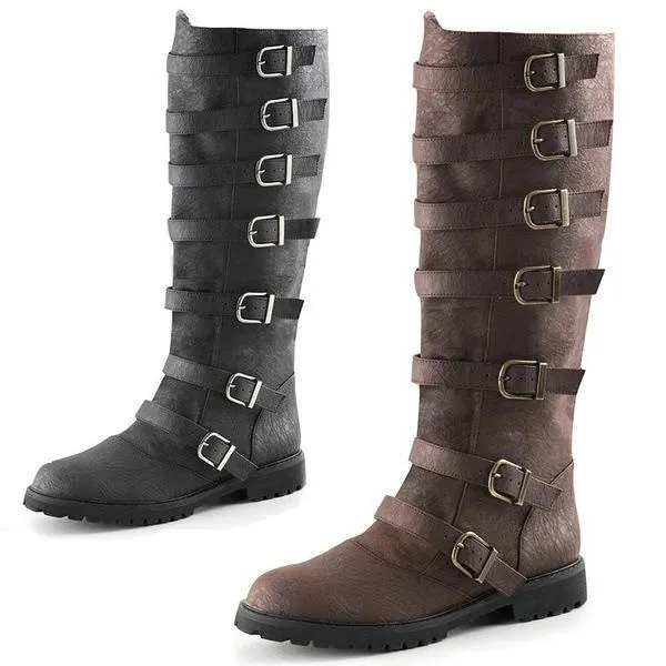 Women's knee high motorcycle boots retro medieval riding boots with buckle straps