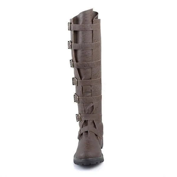 Women's knee high motorcycle boots retro medieval riding boots with buckle straps