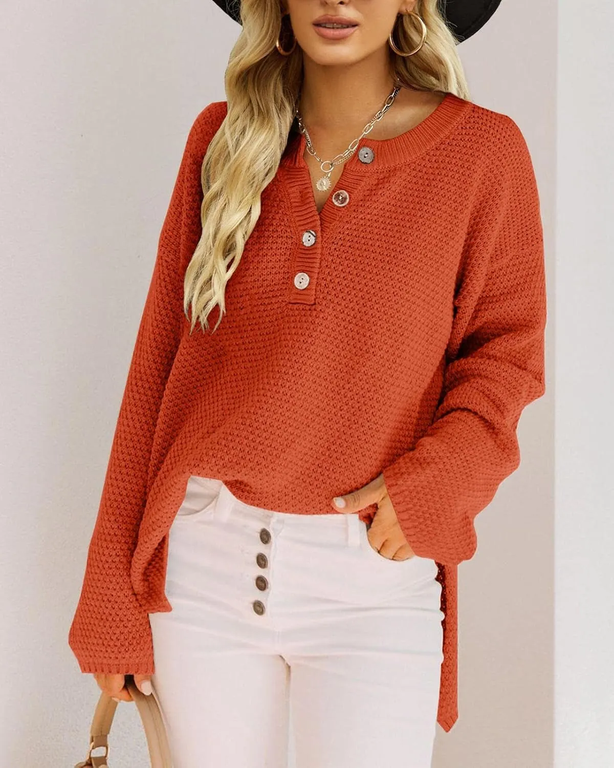Women'S Oversized Sweaters Batwing Long Sleeve Loose V Neck Button Henley Tops Pullover Knit Jumper