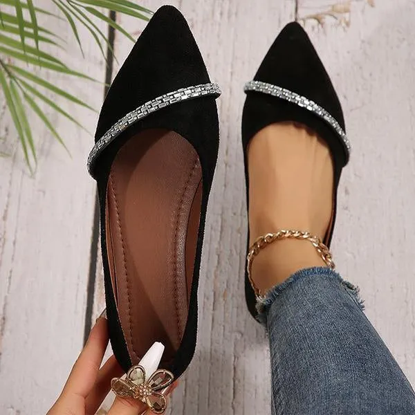 Women's Rhinestone Black Pointed Toe Slip-On Flats 72866873S