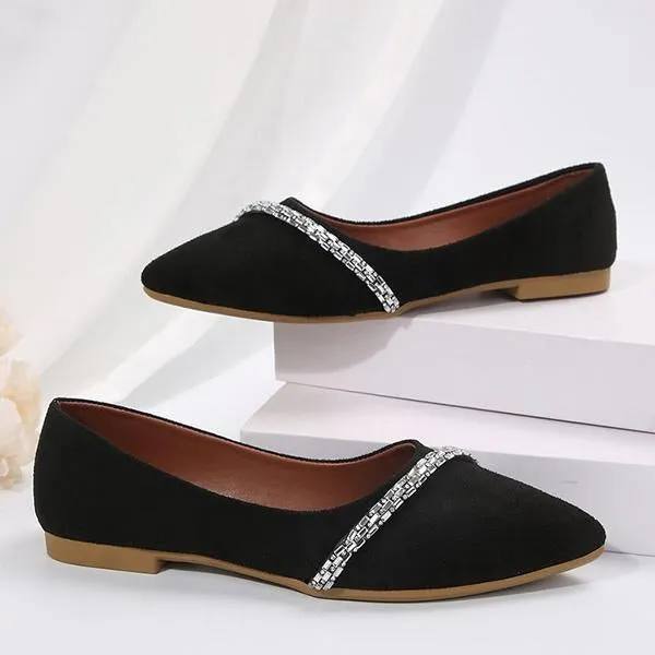 Women's Rhinestone Black Pointed Toe Slip-On Flats 72866873S