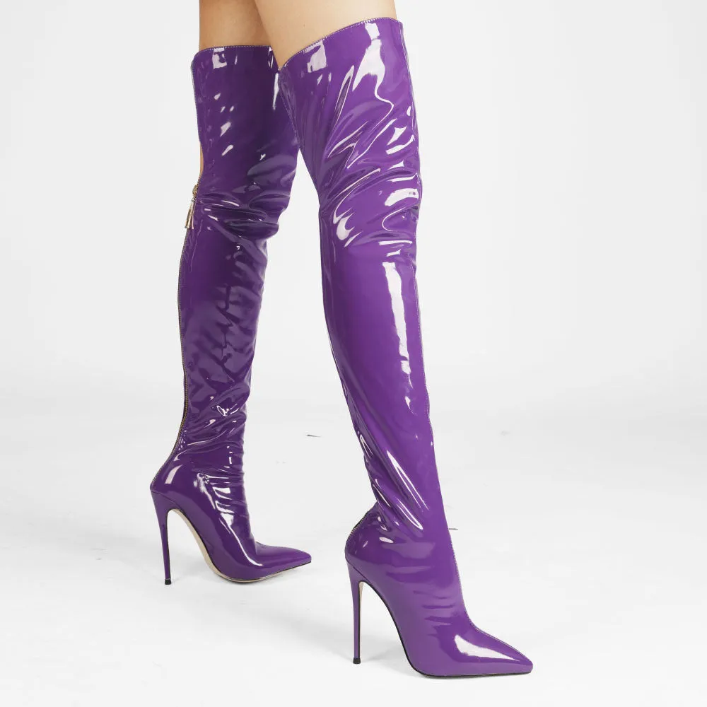 Women's sexy candy color PU patent leather thigh high boots stiletto heels over the knee boots with back zipper