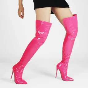 Women's sexy candy color PU patent leather thigh high boots stiletto heels over the knee boots with back zipper