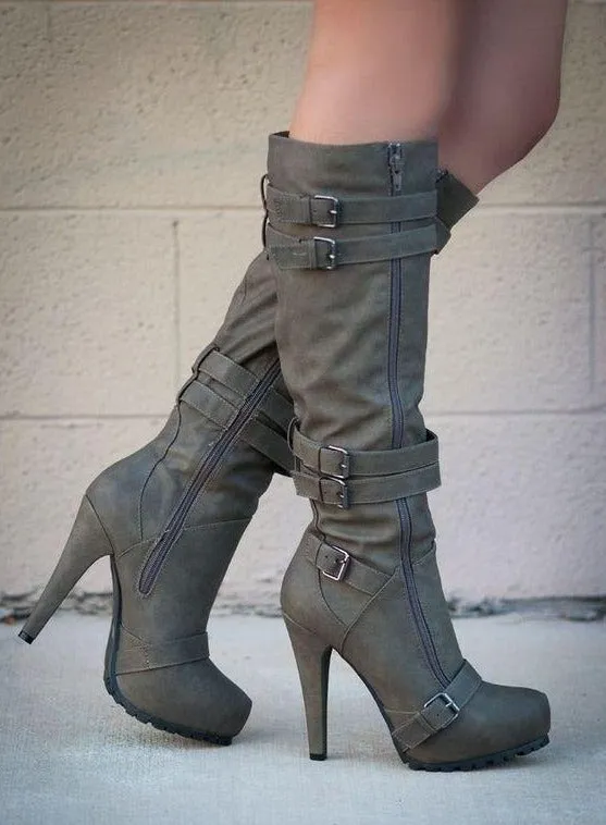 Women's stiletto high heeled platform knee high boots buckle strap boots