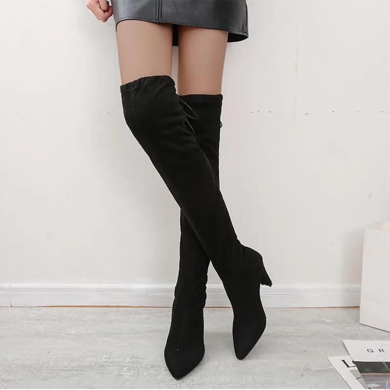 Women's suede stiletto heel stretch thigh high boots pointed toe skinny winter tall boots