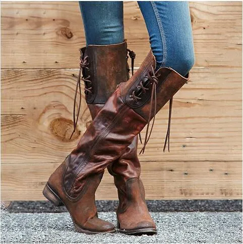 Women's vintage knee high tassels boots chunky low heel round toe boots