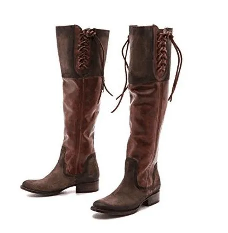 Women's vintage knee high tassels boots chunky low heel round toe boots