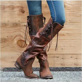 Women's vintage knee high tassels boots chunky low heel round toe boots