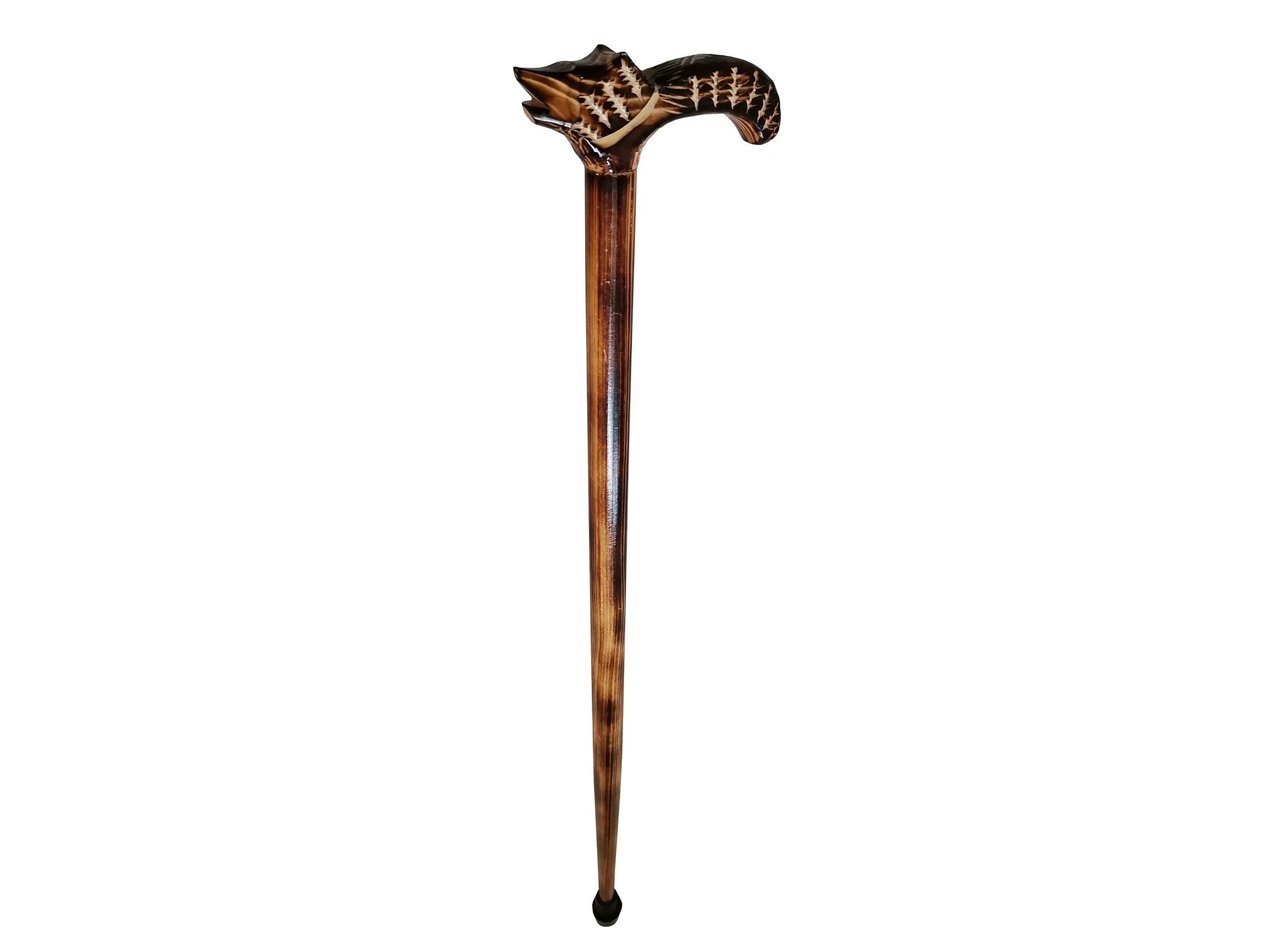 Wooden walking cane, Rustic walking stick made of beech wood, Handcarved cane, Lightweight cane with wolf head's decorative carved handle