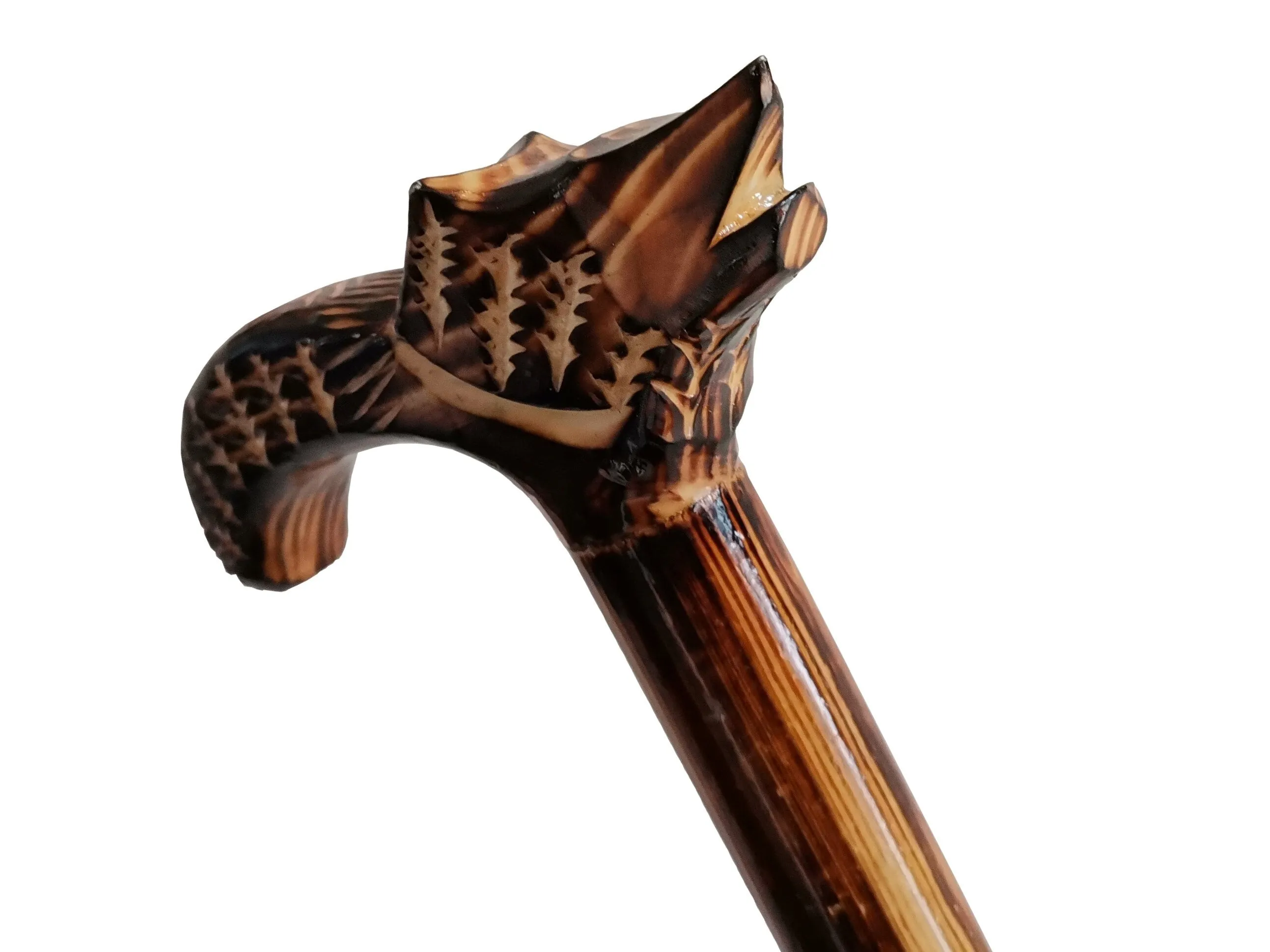 Wooden walking cane, Rustic walking stick made of beech wood, Handcarved cane, Lightweight cane with wolf head's decorative carved handle